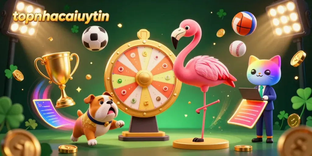 Engage with the dynamic world of topnhacaiuytin as a flamingo game show host spins a golden prize wheel surrounded by sports elements.