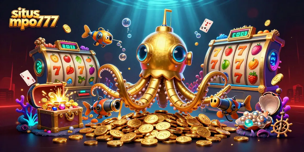 Situs mpo777 slot action scene with mechanical sea creatures and golden treasures
