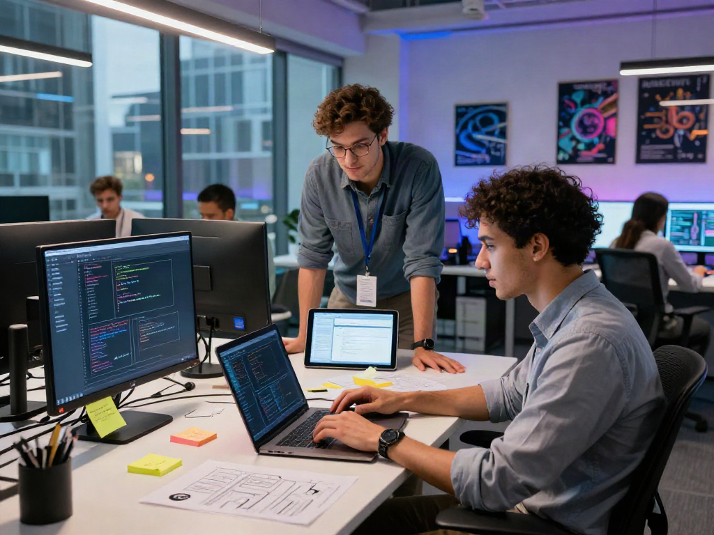 Collaboration among developers using the sh7 app in a vibrant modern workspace.