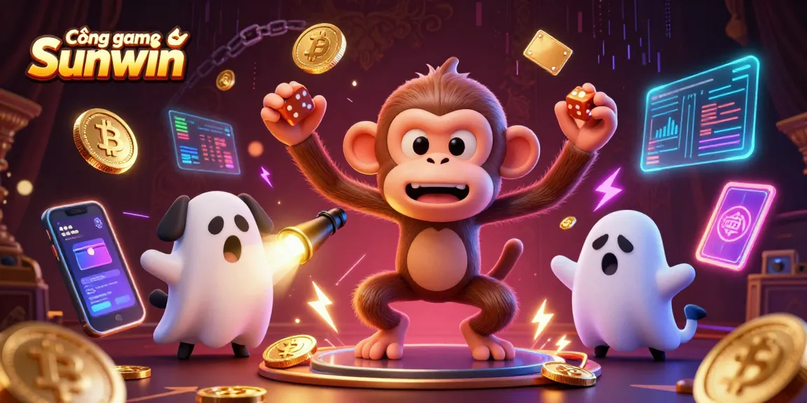 Cổng game Sunwin offers thrilling gaming experiences with its animated characters in a vibrant casino scene.