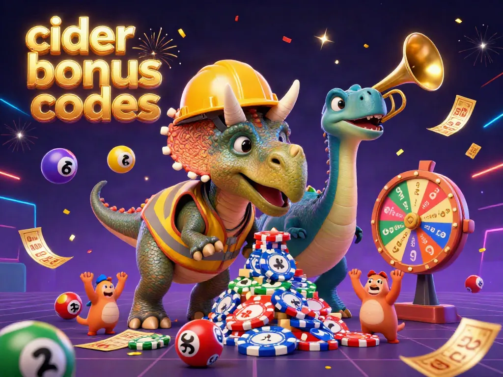 Engage with thrilling cider casino bonus codes in a joyful 3D casino scene with characters celebrating.