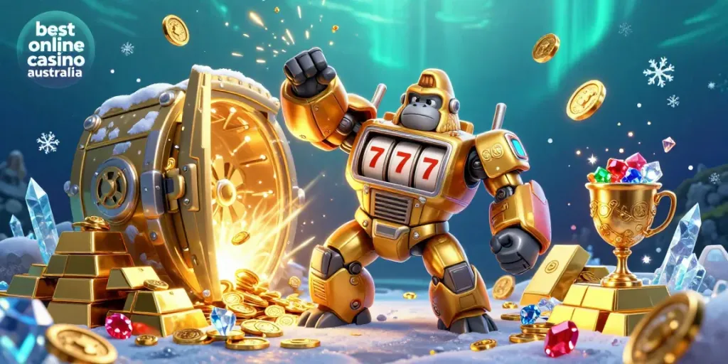 Experience the excitement of the best online casino Australia with vibrant 3D illustration featuring a golden gorilla mech and treasure.