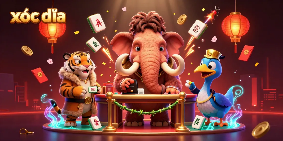 Xóc đĩa scene featuring a mammoth bouncer checking IDs with colorful casino elements.