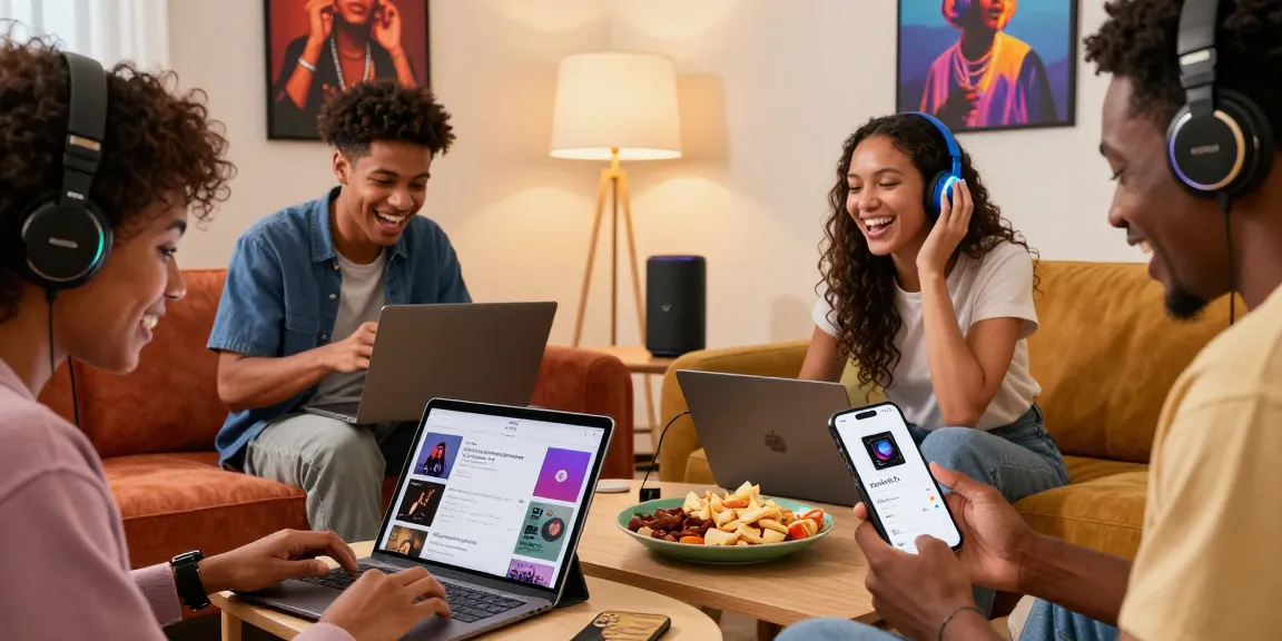 Tubidy music downloader scene with friends joyfully sharing and exploring new MP3 tracks in a cozy living room setting.