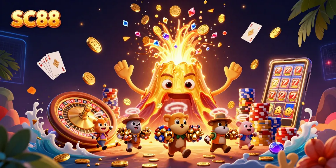 Win big at SC88 with 3D illustrations of treasure-hunting volcano and casino excitement