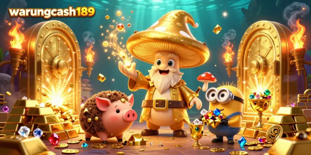 Experience the thrilling world of warungcash189 with vibrant casino icons and rich treasures bursting from magical spells.