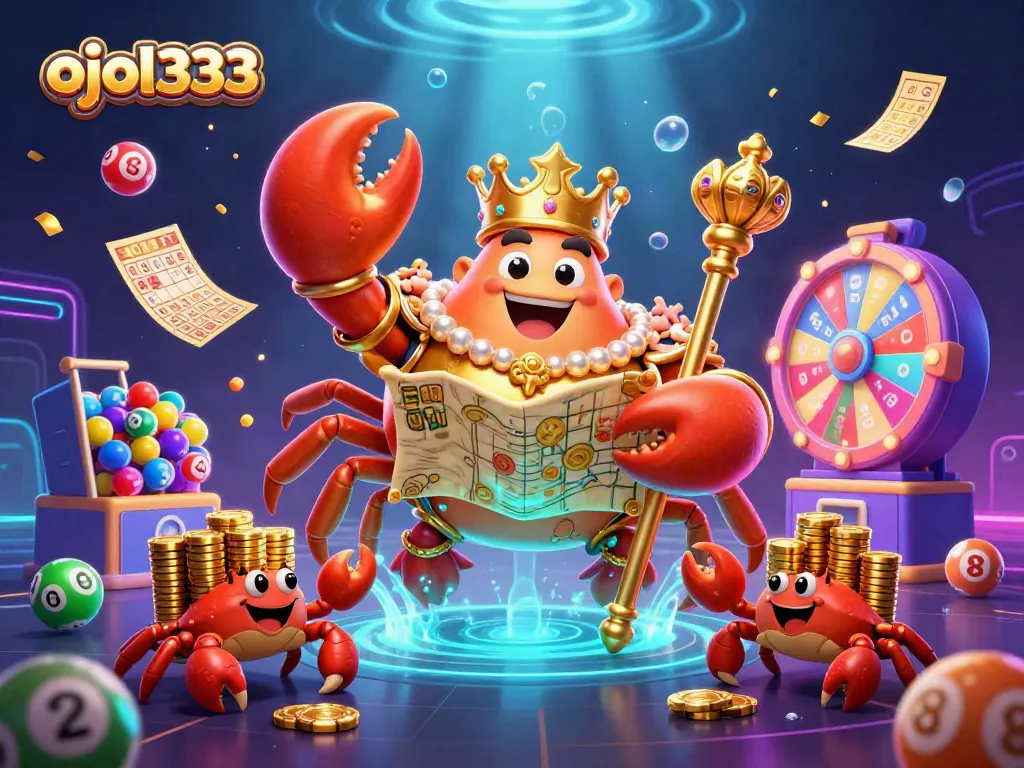 Engage with ojol333 in a vibrant casino scene showcasing colorful lottery elements and a golden crab emperor.