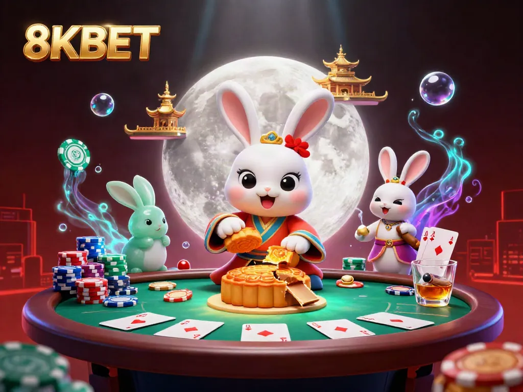 Play poker and win big at 8KBET, where themed characters celebrate a vibrant casino backdrop.