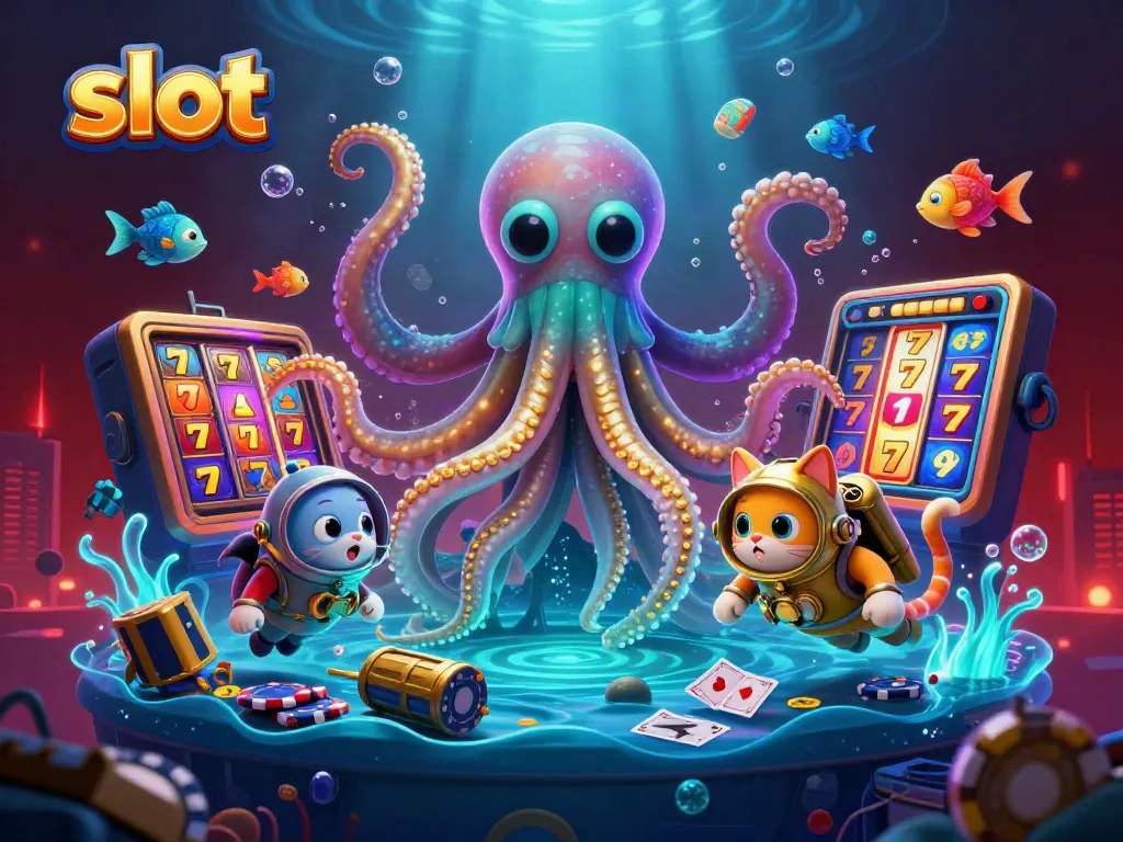 Experience the thrill of slot gaming with this vibrant illustration of a kraken and diving cat amidst casino elements.