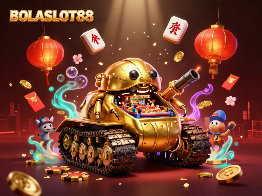 BOLASLOT88 features a golden beetle tank revealing a miniature casino, surrounded by festive gambling-themed elements.
