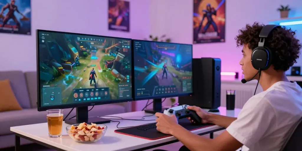 Luxury111 gaming experience in a vibrant room with dynamic visuals.
