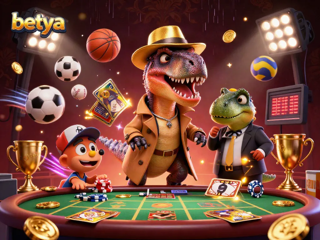 Place bets on sports with betya as a velociraptor card counter and friends in a lively casino scene.