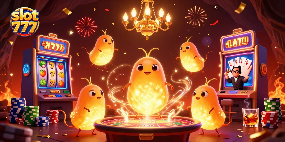 Experience exciting slot games at Slot 777, illuminated by glowing characters and vibrant casino elements.