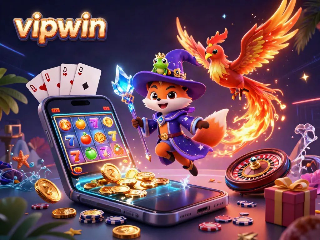 Engage in thrilling vipwin action with a mystical wizard fox and phoenix amidst vibrant casino elements.