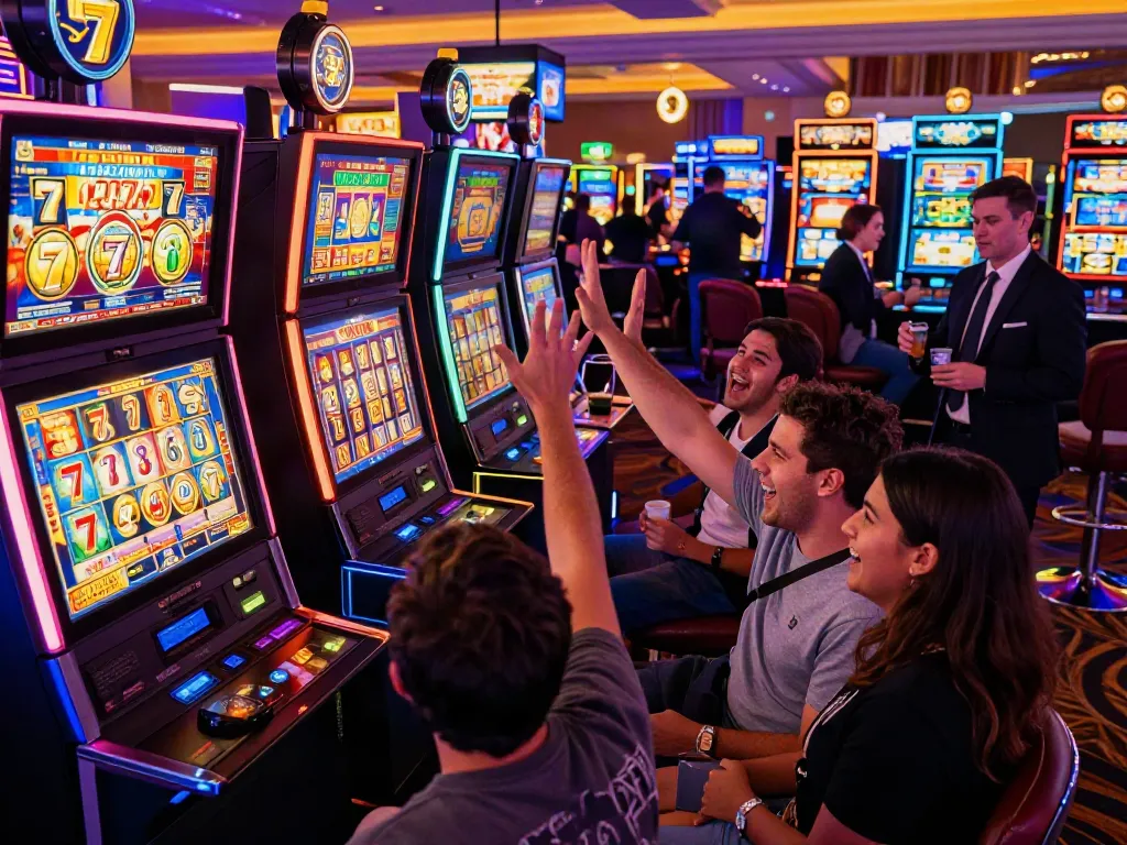 Lucky777 slot machine area with players celebrating wins in a vibrant casino.