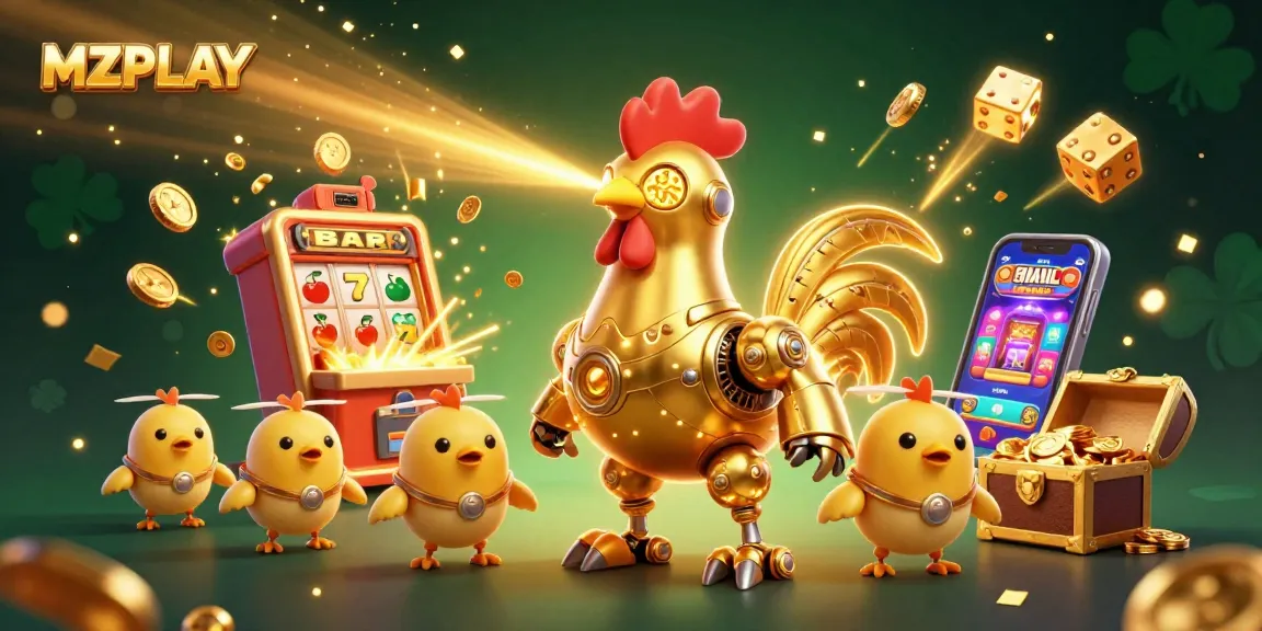 MZPLAY features a golden rooster robot shooting lasers in a vibrant casino scene with slots and gold.