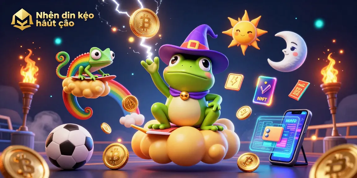Engaging Nhận định kèo nhà cái visual with sports elements, lightning coins, and vibrant illustrations