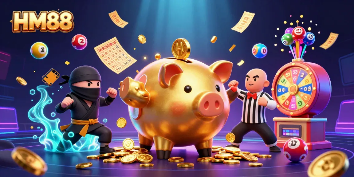 Engage in vibrant gaming excitement at HM88 with dynamic characters, golden coins, and colorful game elements.