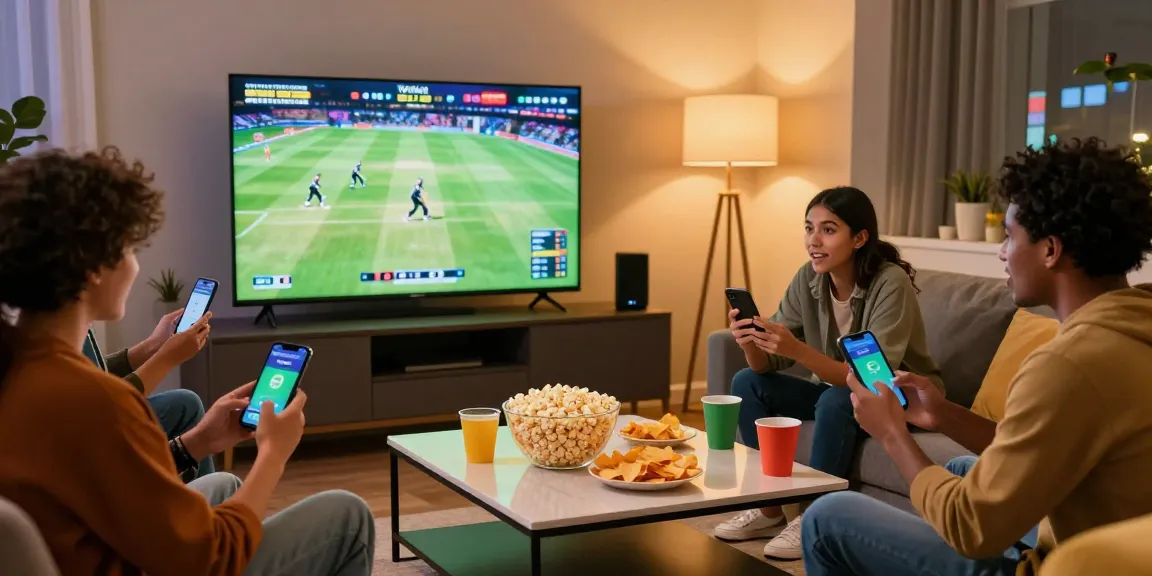 Friends enjoying a live cricket match while using the Velki App for sports betting.