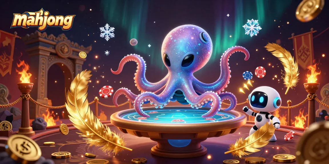 Play mahjong with an alien octopus at a holographic poker table amidst swirling golden feathers and ember particles.