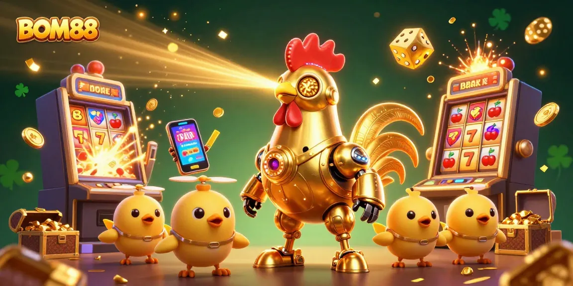 Experience BOM88 with a golden rooster robot and baby chick drones amid vibrant slot game action.