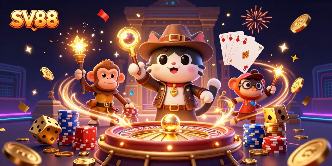 Engage with SV88 at the vibrant casino, featuring a cat archaeologist uncovering treasures.