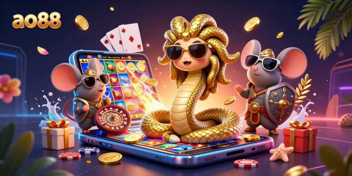 Spin the reels and win with ao88 in a vibrant casino scene featuring Medusa and a warrior mouse.
