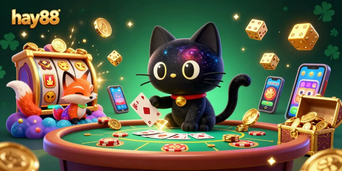 Join the excitement at hay88's cosmic casino, where a playful black hole cat attracts golden chips and cards!