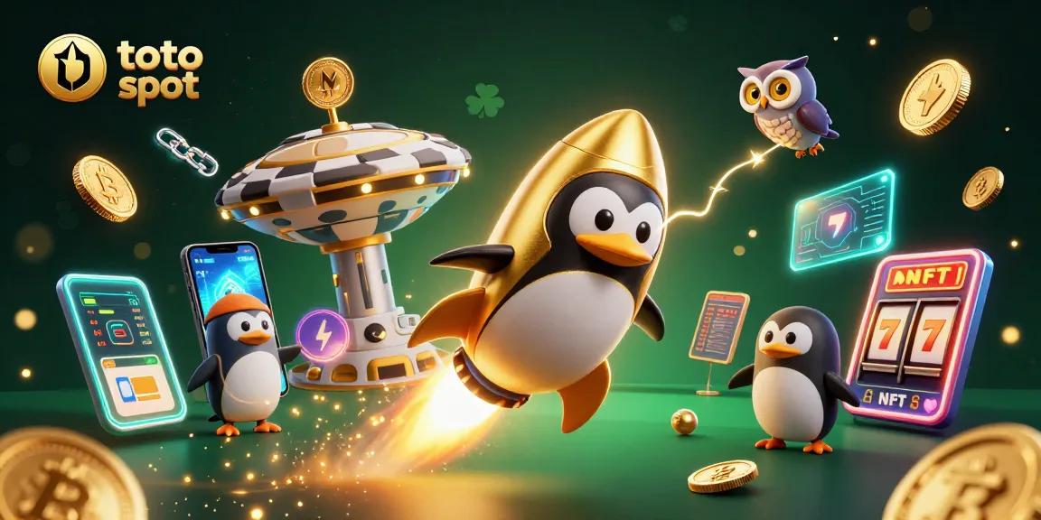 Engage in thrilling toto slot action with a rocket-powered penguin and vibrant casino elements.