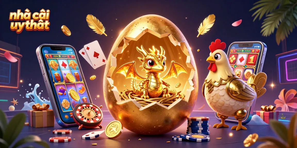 Engage with nhà cái uy tín offerings in a vibrant illustration featuring a golden baby dragon and poker chips.