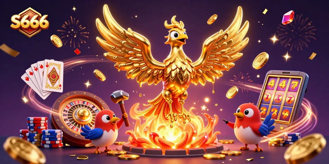 S666 captivates gamblers with vibrant scenes featuring a molten phoenix emerging from coins and dazzling gaming elements.