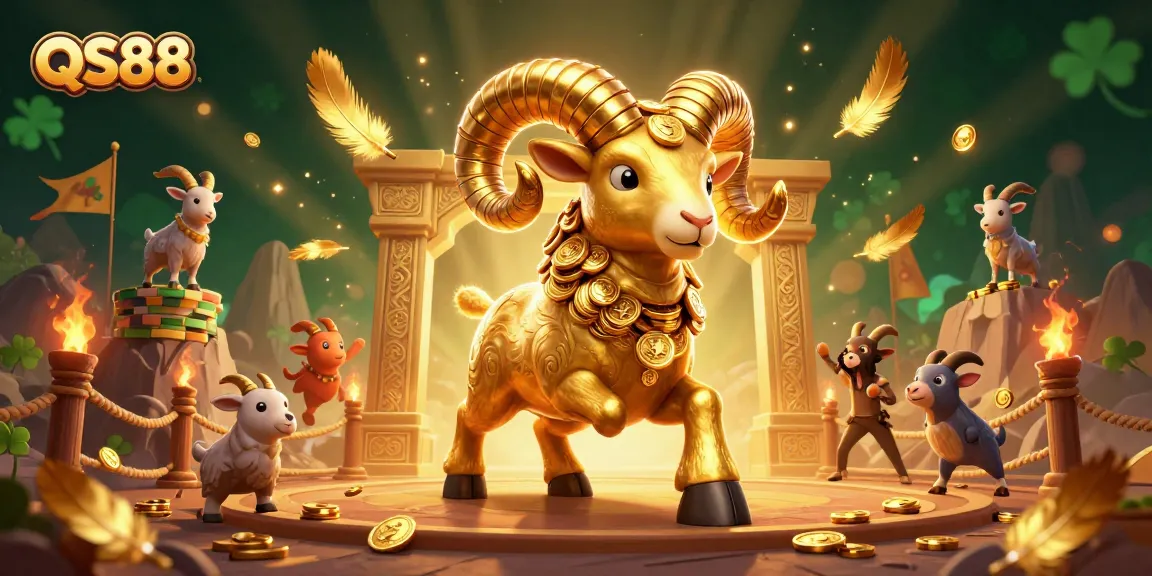 Experience thrilling action at QS88 with a charging golden ram and vibrant casino elements, bringing luck and excitement.