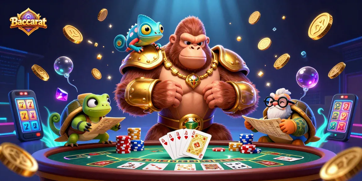 Baccarat scene with a gorilla king, chameleon companion, and tortoise elder amid dynamic casino elements.