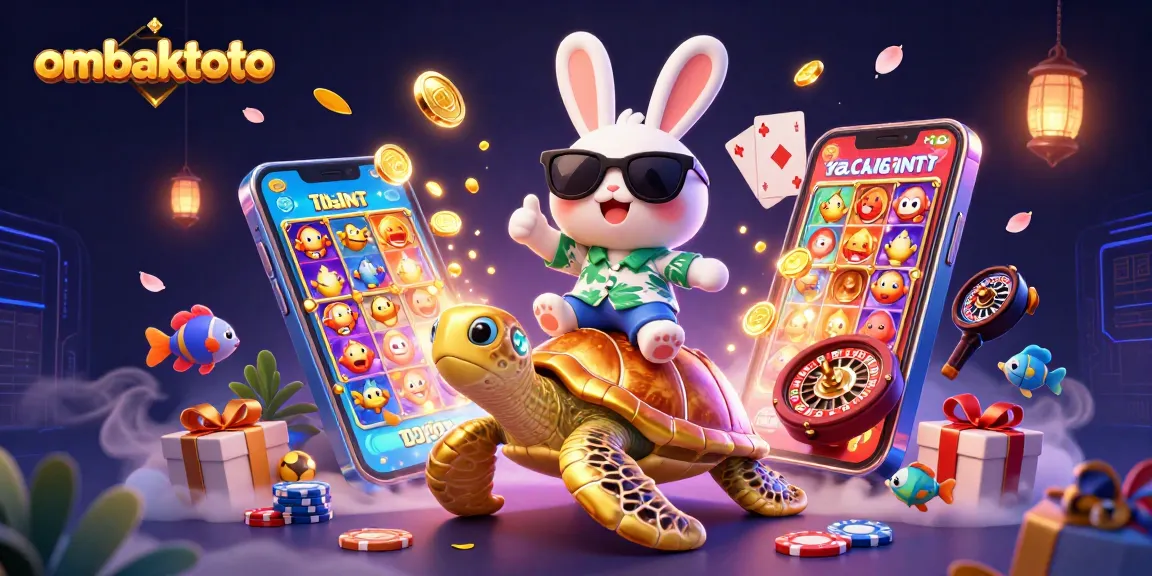 Play colorful slot games with ombaktoto's lucky rabbit and golden turtle in a vibrant casino scene.