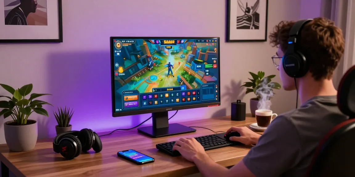 Raja Game login scene with user at modern desk engaged in vibrant online gaming.