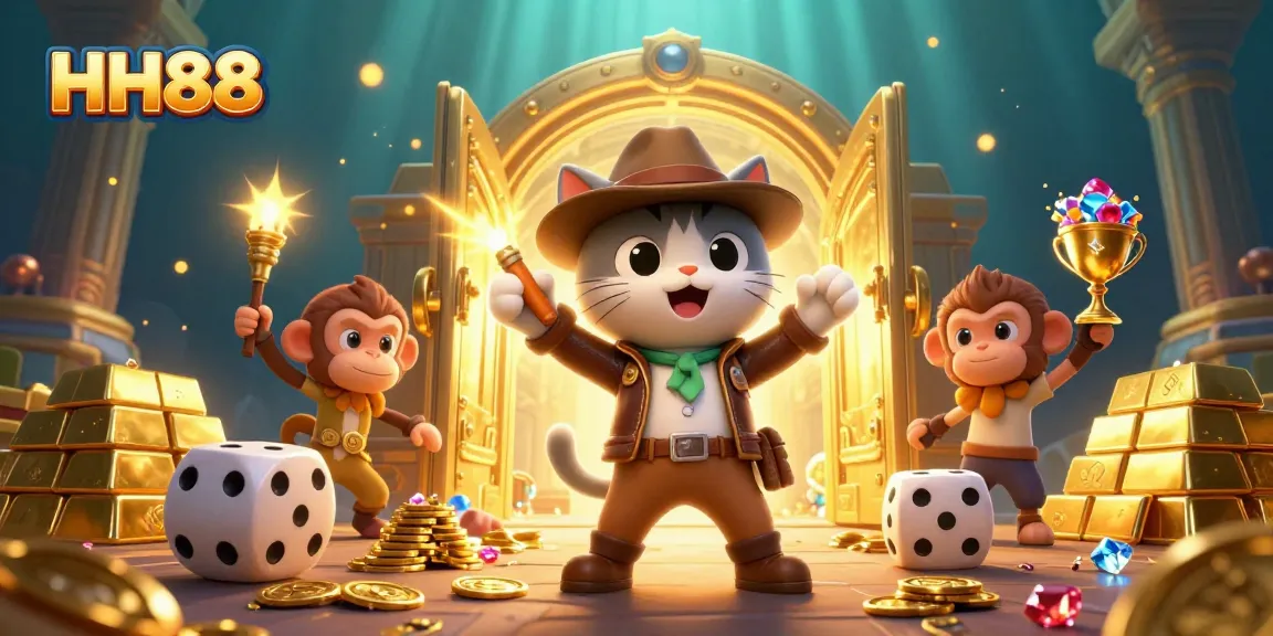 Engage in thrilling HH88 adventures with a cat explorer discovering casino treasures.