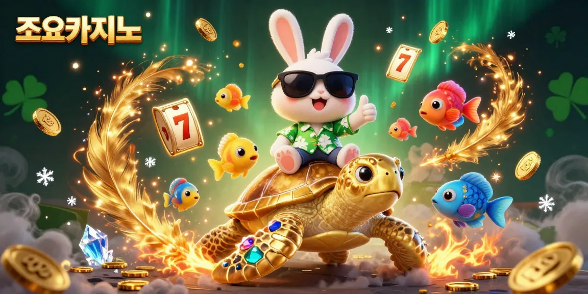 Experience the thrill of 조이카지노 with a lucky rabbit and golden turtle amidst colorful casino elements.