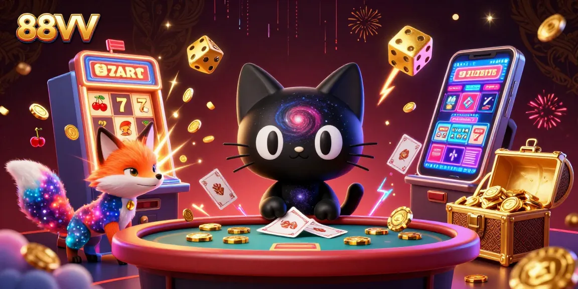 88VV engages players with a captivating cosmic casino scene featuring a black hole cat and a colorful nebula fox.