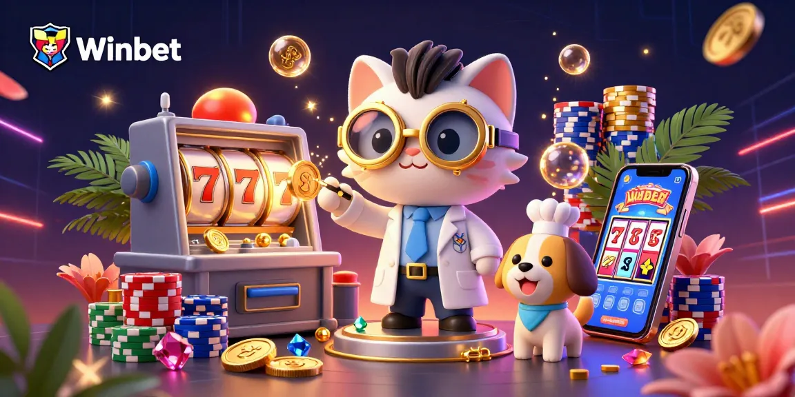Winbet showcases an engaging casino atmosphere with a mad scientist cat and assistant dog creating winning moments.