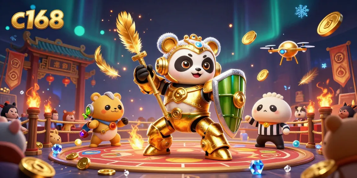 C168 casino scene featuring a mech-suited panda in a vibrant gaming arena surrounded by cheering spectators and golden tokens.