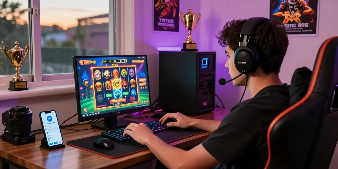 Exciting online gaming environment featuring ngamenjitu player engaged with colorful slot game on laptop, showcasing vibrant gaming atmosphere and accessories.
