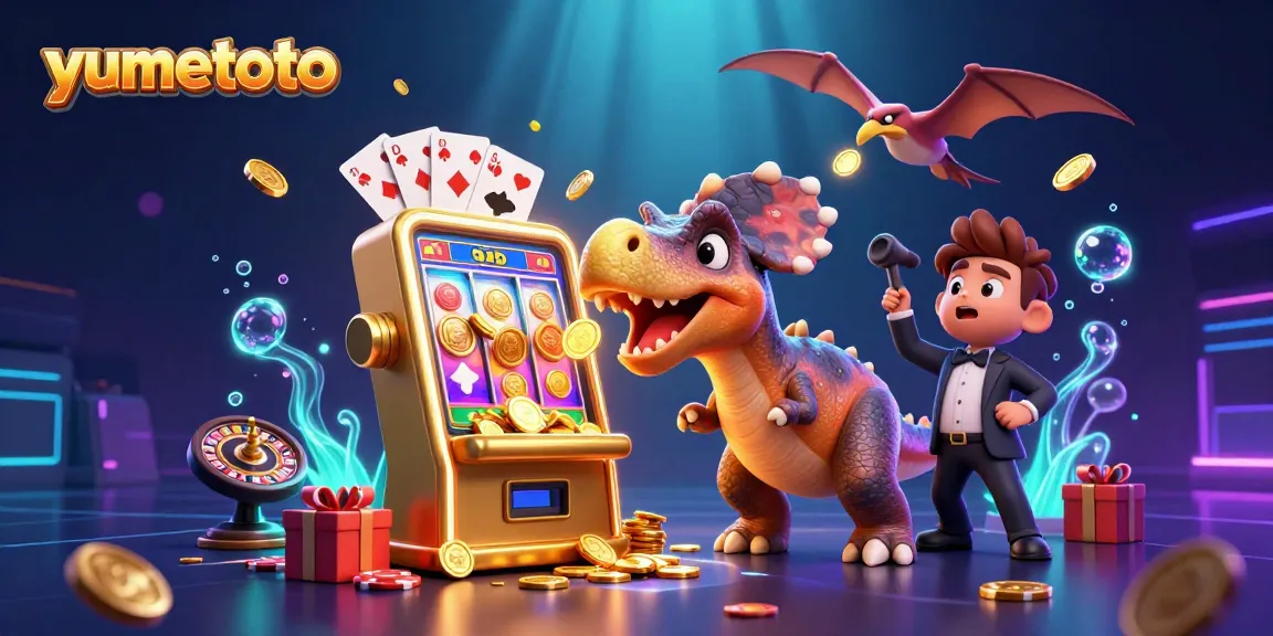 yumetoto shows a pachycephalosaurus winning coins from a golden slot machine in a vibrant casino scene