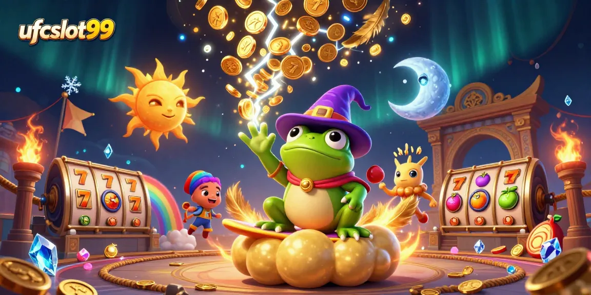 Experience ufcslot99 excitement with a wizard frog and chameleon amidst golden coins and slot elements.