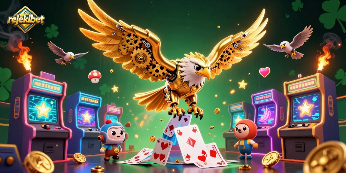 Engage with rejekibet's vibrant casino world featuring a cybernetic eagle amid glowing game elements.