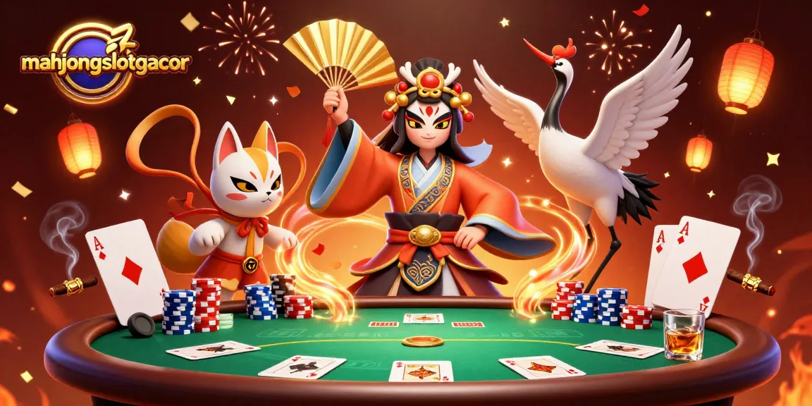 Engage with mahjongslotgacor's vibrant 3D casino scene featuring exciting poker elements amidst festive confetti.