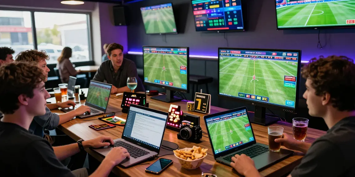 Excited bettors discussing Prediksi Bola Malam Ini in a lively gaming lounge, surrounded by screens showing live matches and betting odds.