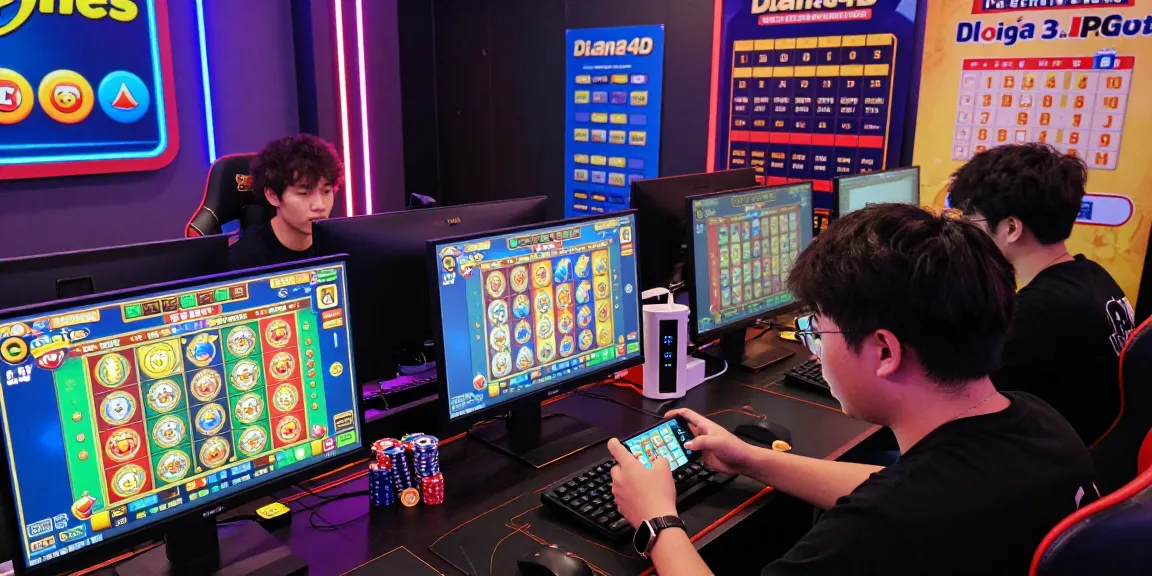 Pengguna Diana4D bermain game togel dan slot online dengan semangat, dikelilingi grafik warna-warni dan layar komputer.