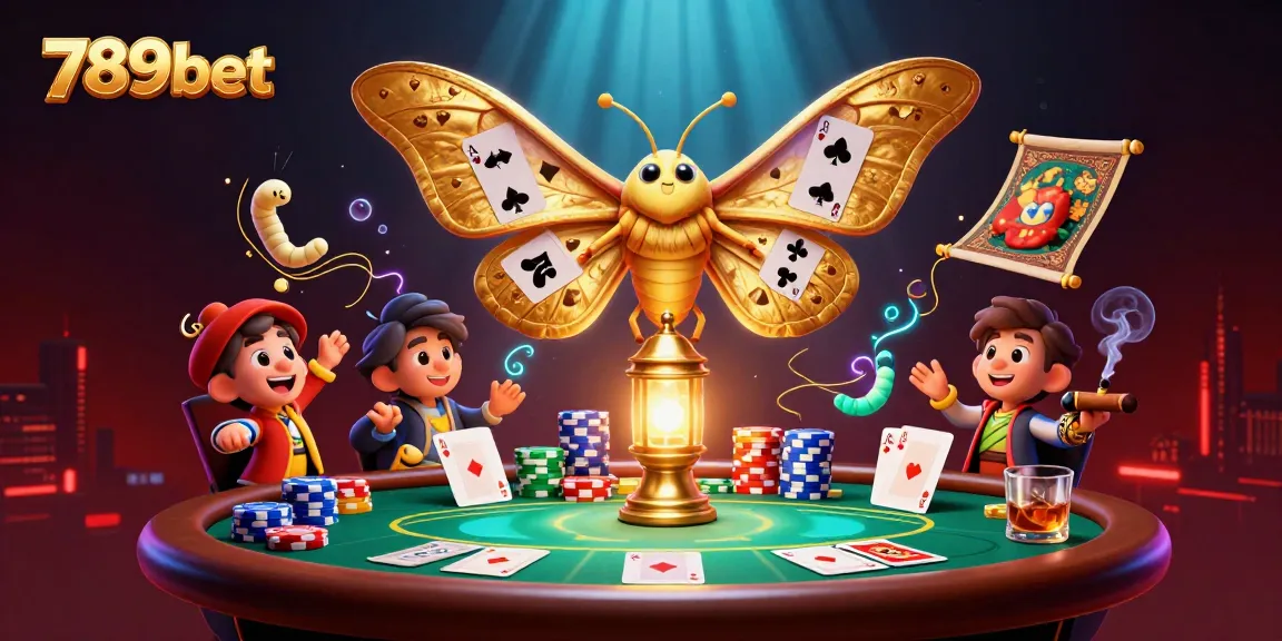 Engage with 789bet as the cartoon moth oversees a vibrant casino scene with poker elements.