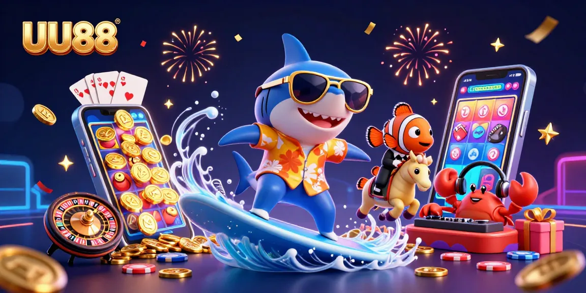 Experience the excitement of UU88 with a vibrant 3D casino scene featuring characters and game elements.