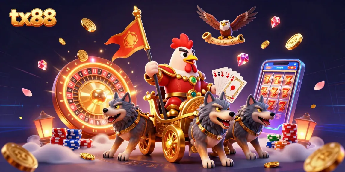 Experience the excitement of tx88 with a dynamic illustration of a rooster warlord amidst casino elements.